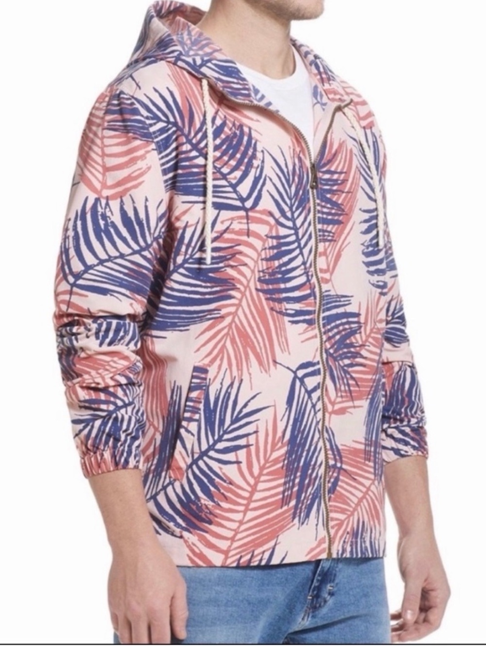 Weatherproof Vintage Pink and Blue palm Leaf-Print hooded windbreaker sz XXL